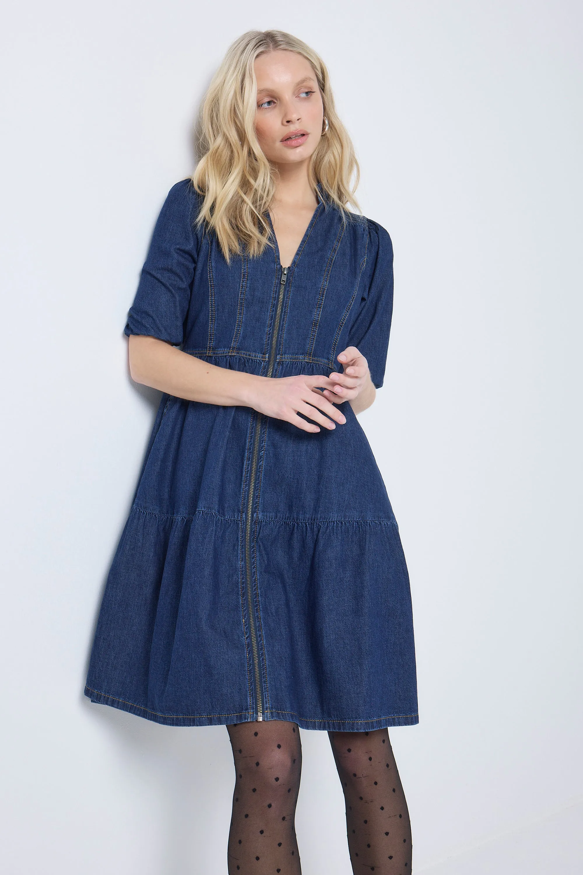 Authentic Indigo Zip Detail Tiered Short Denim Dress