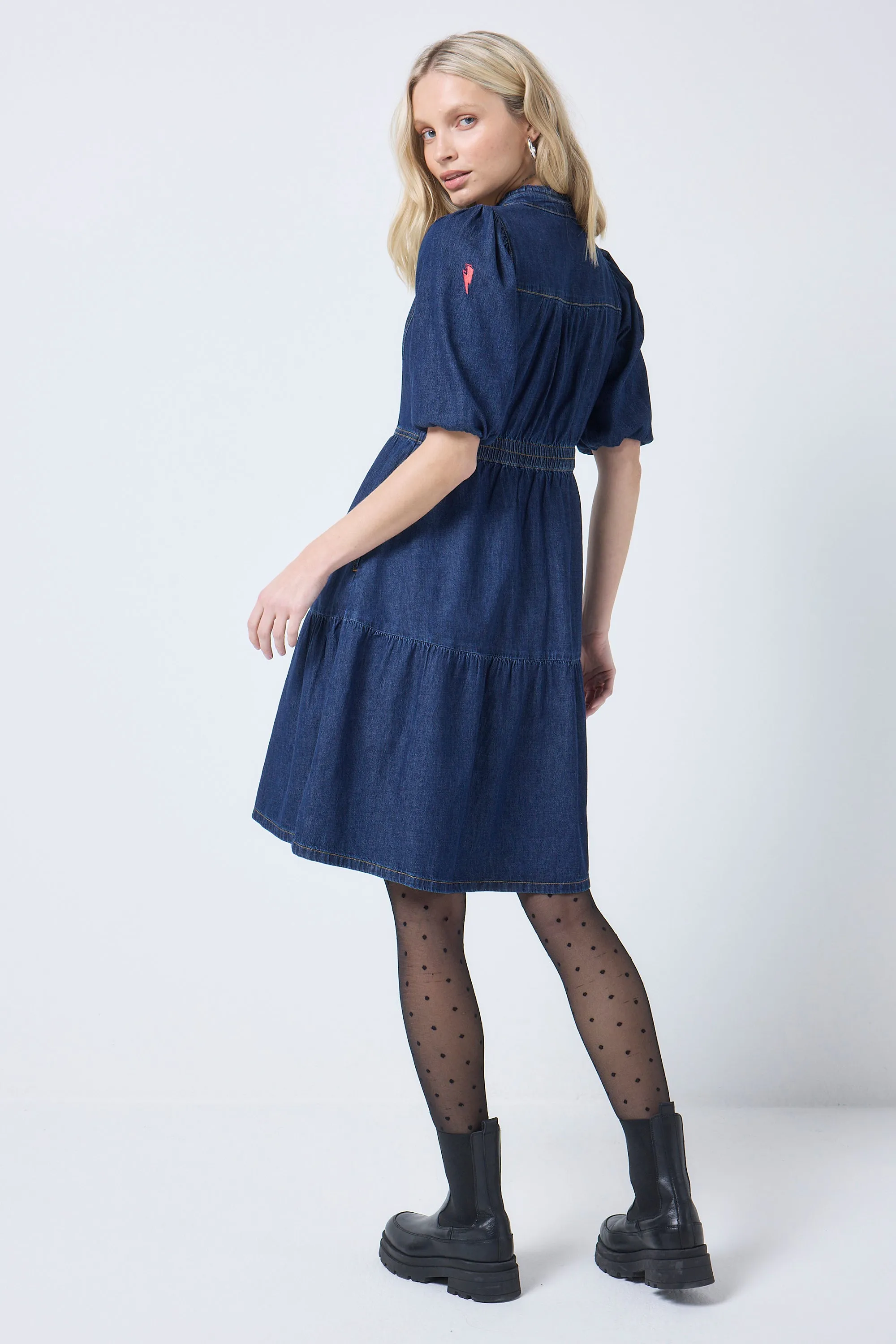 Authentic Indigo Zip Detail Tiered Short Denim Dress