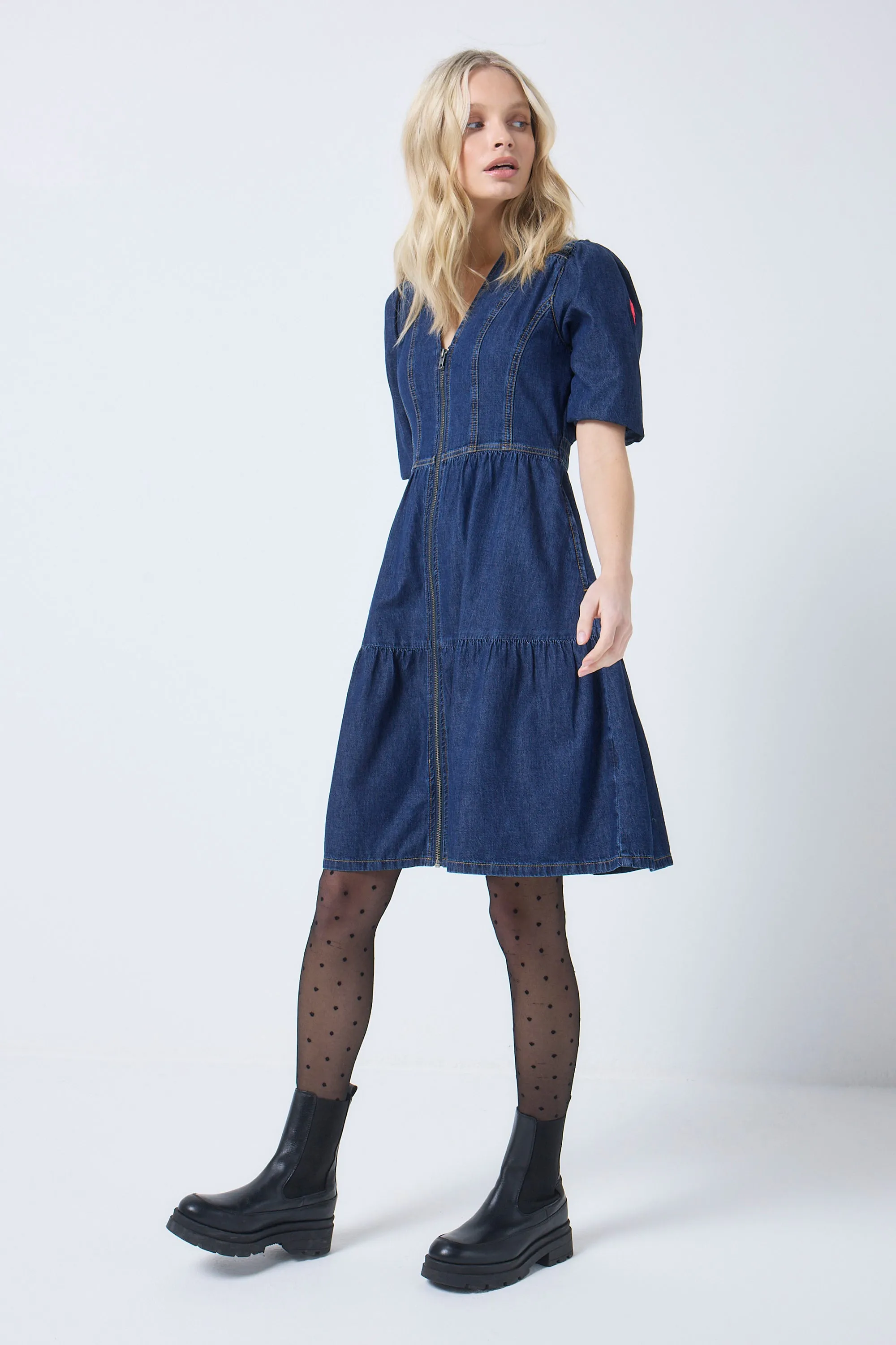 Authentic Indigo Zip Detail Tiered Short Denim Dress