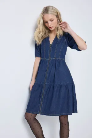 Authentic Indigo Zip Detail Tiered Short Denim Dress