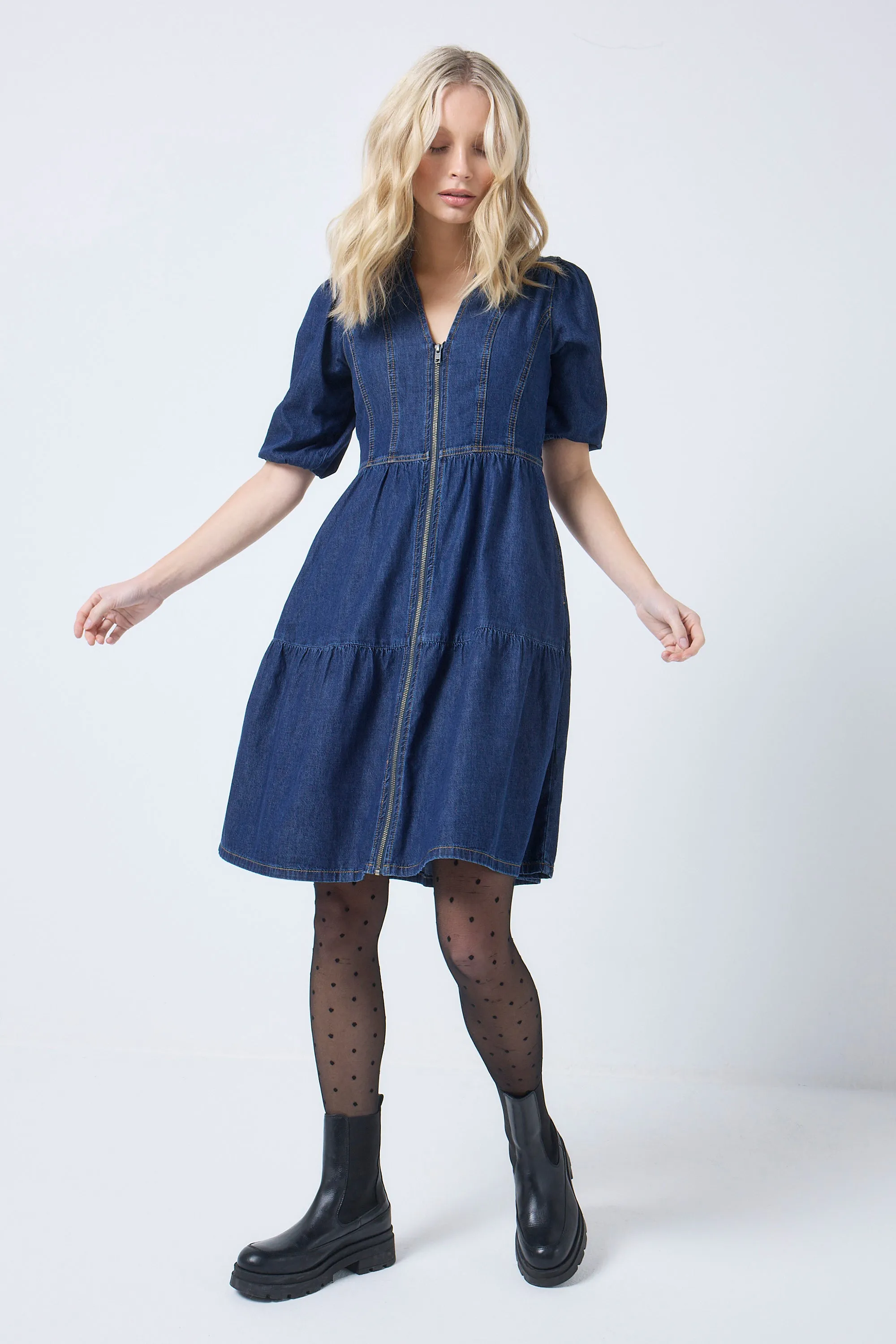 Authentic Indigo Zip Detail Tiered Short Denim Dress