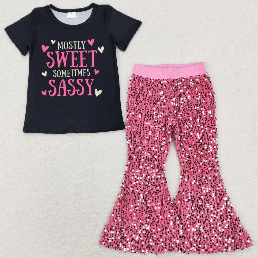 Baby Girls Clothes Sweet Sometimes Sassy Tee Sequin Pants Sets GSPO1178