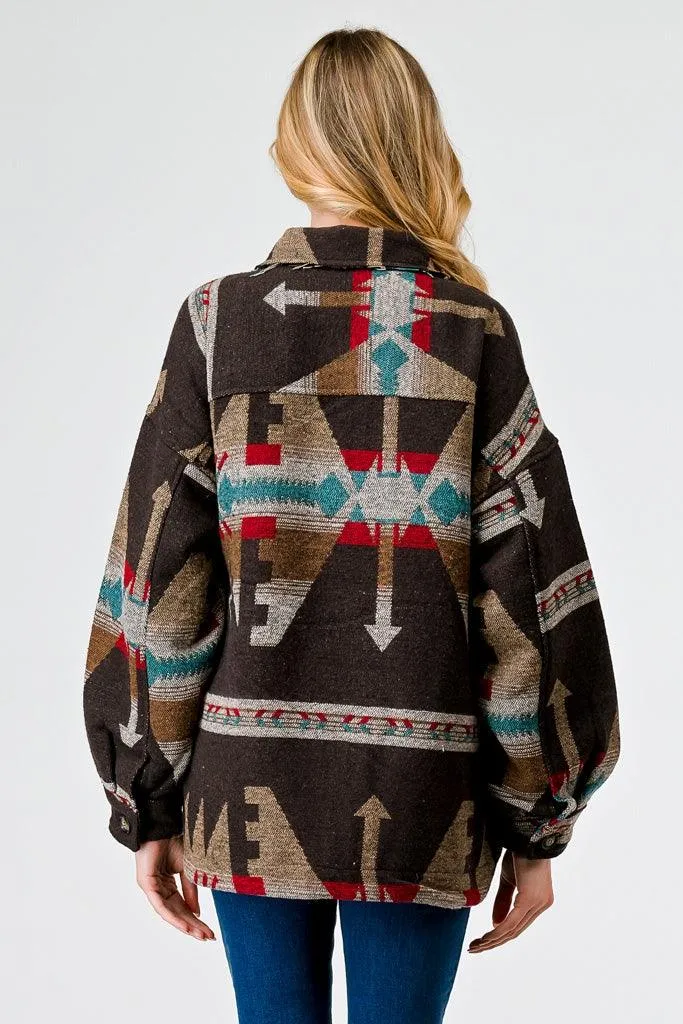 Brown Mix Tribal Print Button-Up Collared Neck Four Pocket Long Sleeve Jacket /2-2-2