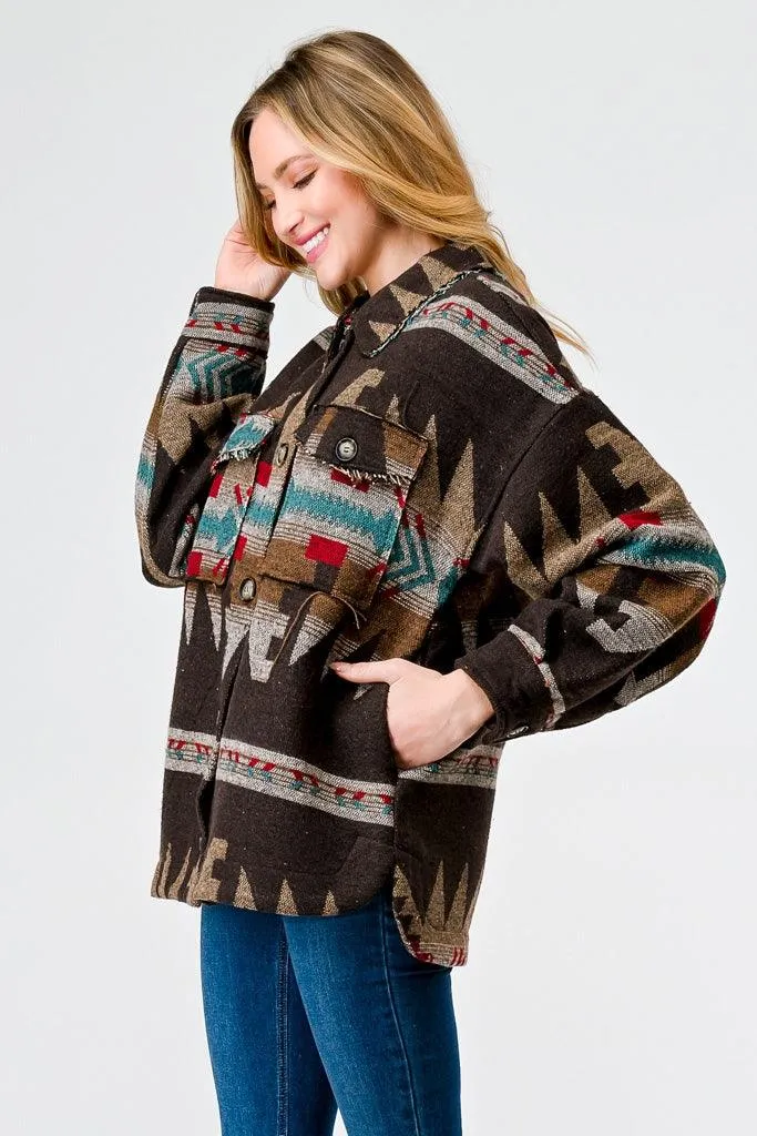 Brown Mix Tribal Print Button-Up Collared Neck Four Pocket Long Sleeve Jacket /2-2-2