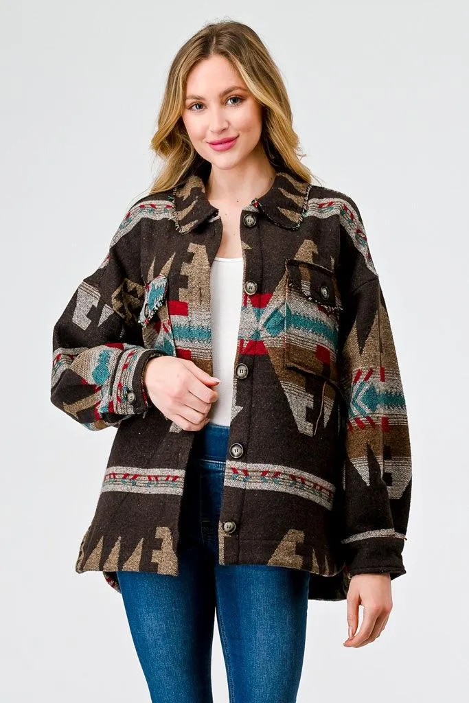 Brown Mix Tribal Print Button-Up Collared Neck Four Pocket Long Sleeve Jacket /2-2-2