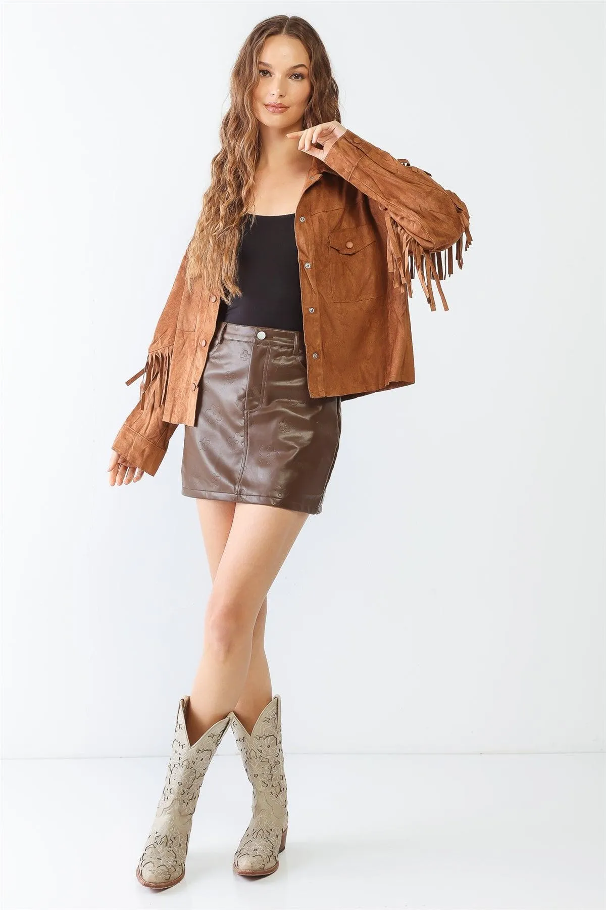 Camel Suede Leather Fringe Collared Neck Two Pocket Long Sleeve Jacket /2-2-2