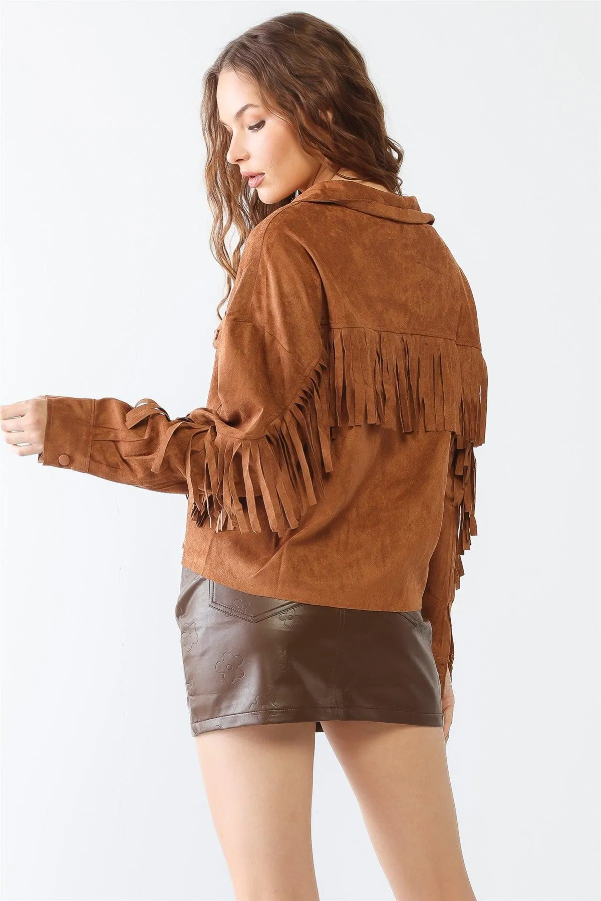 Camel Suede Leather Fringe Collared Neck Two Pocket Long Sleeve Jacket /2-2-2