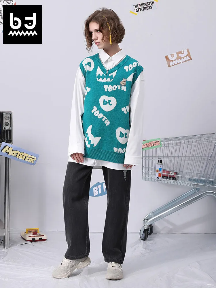 Cartoon love letter jacquard V-neck sleeveless baggy vest sweater