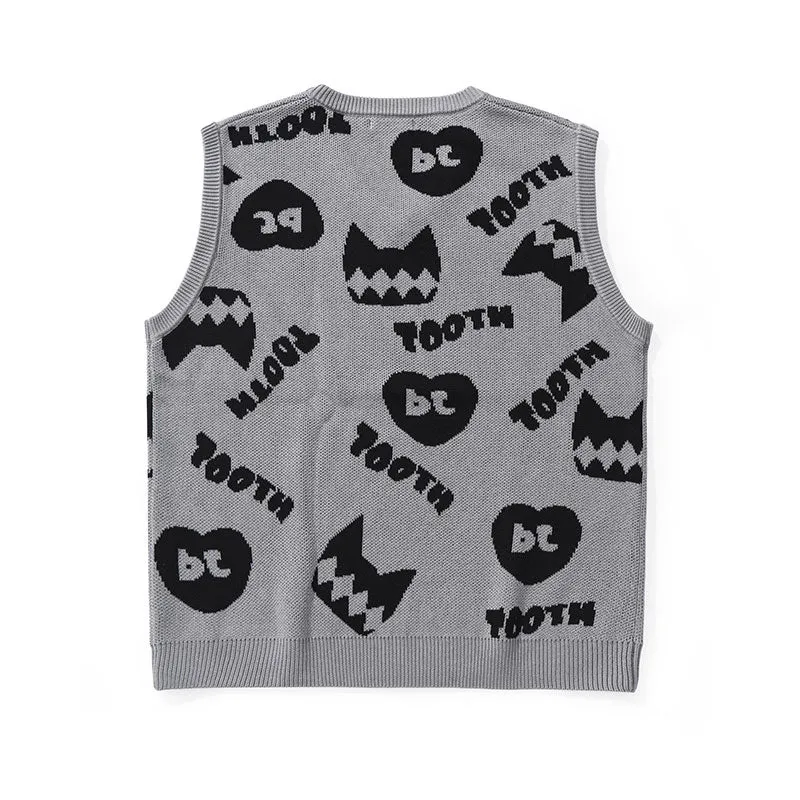 Cartoon love letter jacquard V-neck sleeveless baggy vest sweater