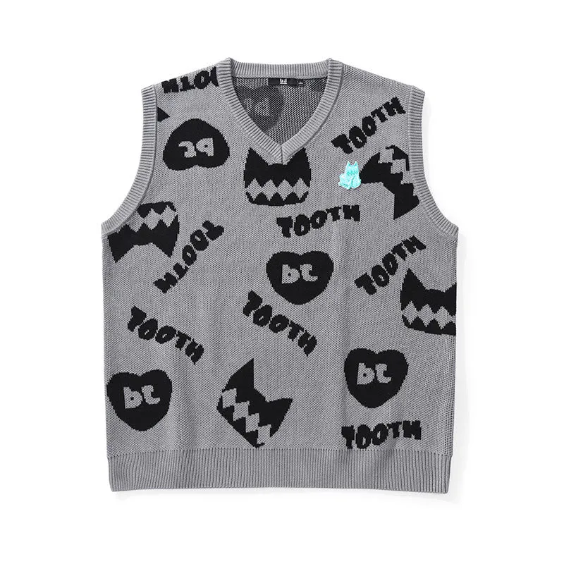 Cartoon love letter jacquard V-neck sleeveless baggy vest sweater