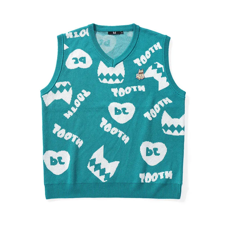 Cartoon love letter jacquard V-neck sleeveless baggy vest sweater