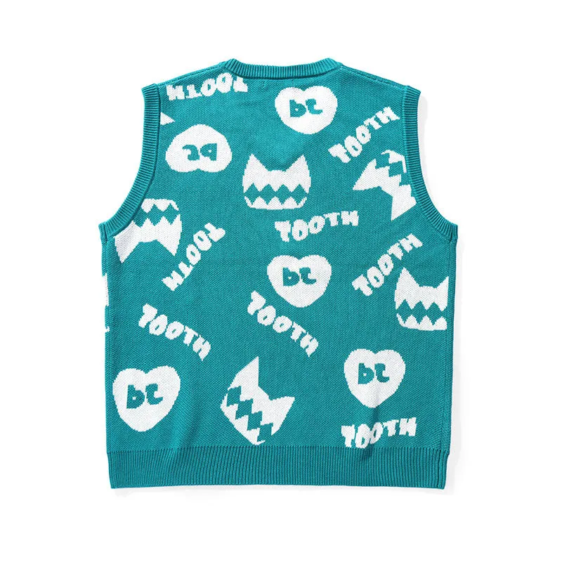 Cartoon love letter jacquard V-neck sleeveless baggy vest sweater