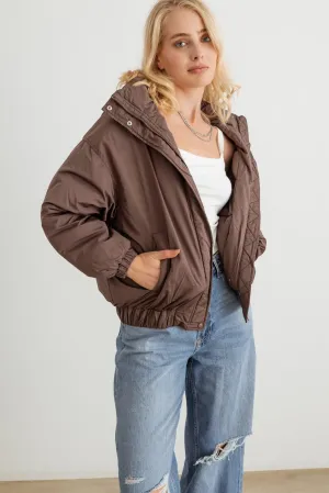 Chocolate Zip-Up Long Sleeve Puffer Jacket