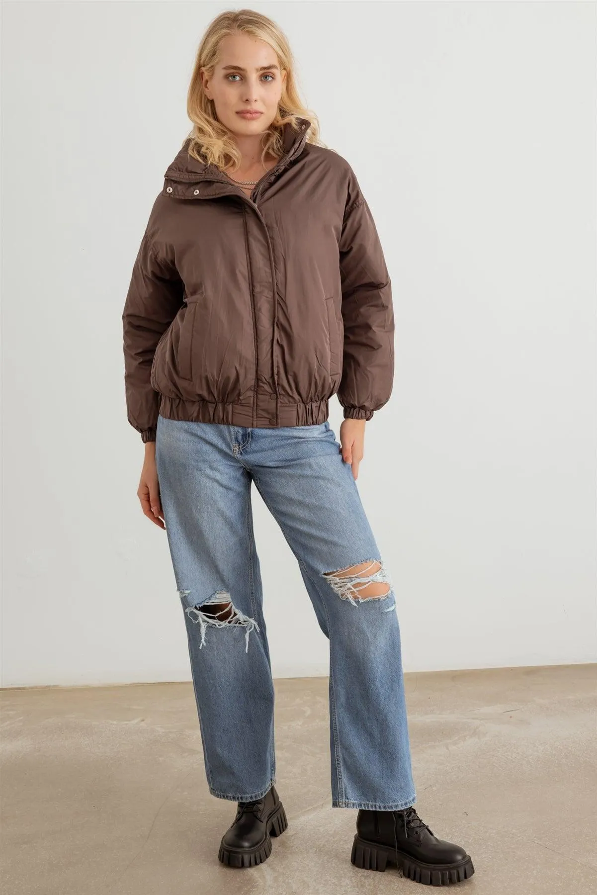 Chocolate Zip-Up Long Sleeve Puffer Jacket