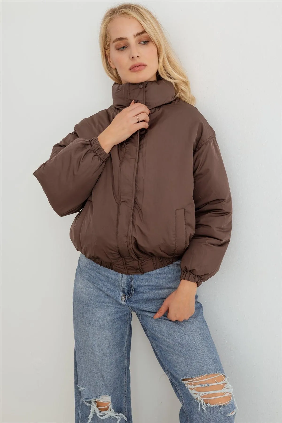 Chocolate Zip-Up Long Sleeve Puffer Jacket