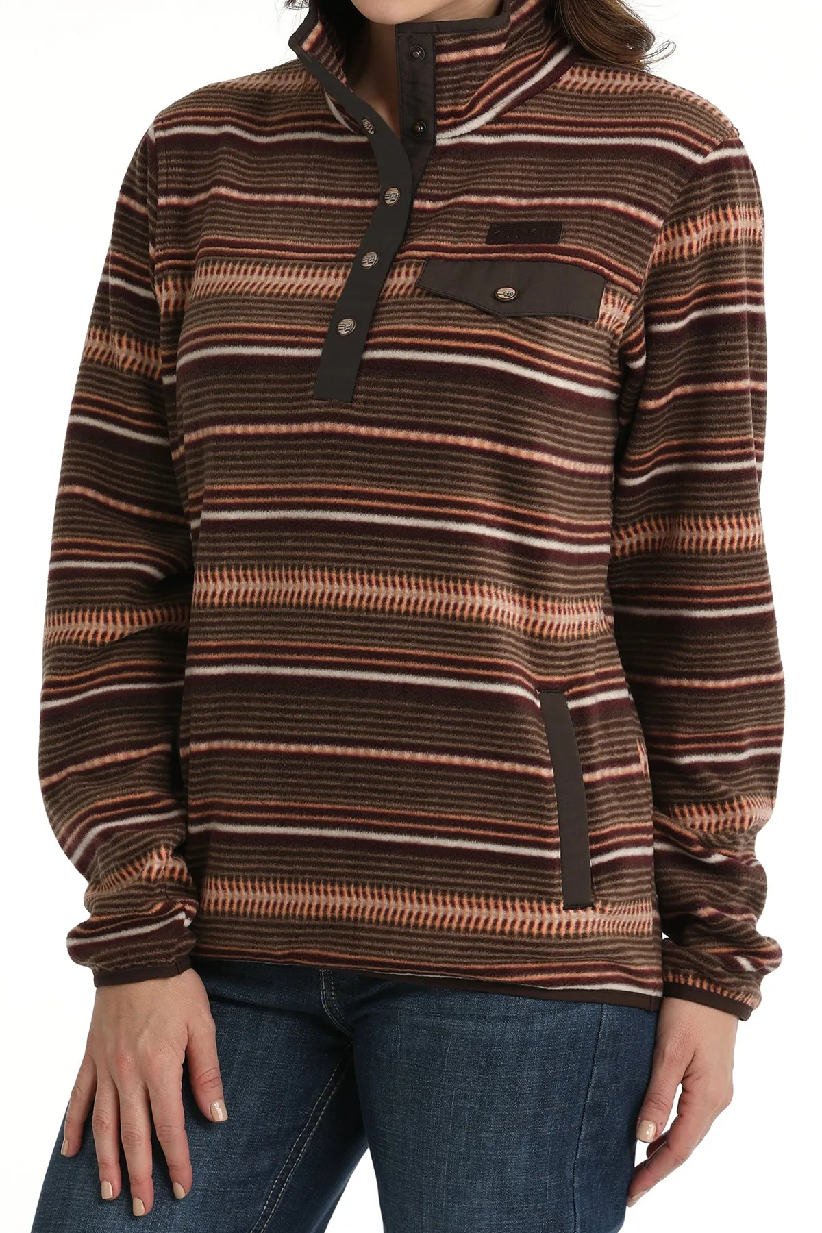 Cinch Women's Brown and Coral Striped Fleece Pullover