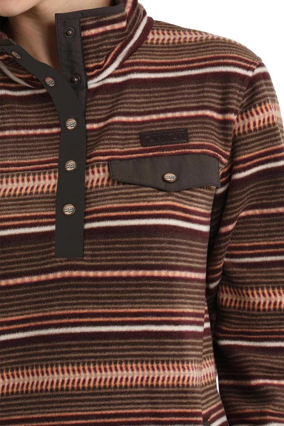 Cinch Women's Brown and Coral Striped Fleece Pullover