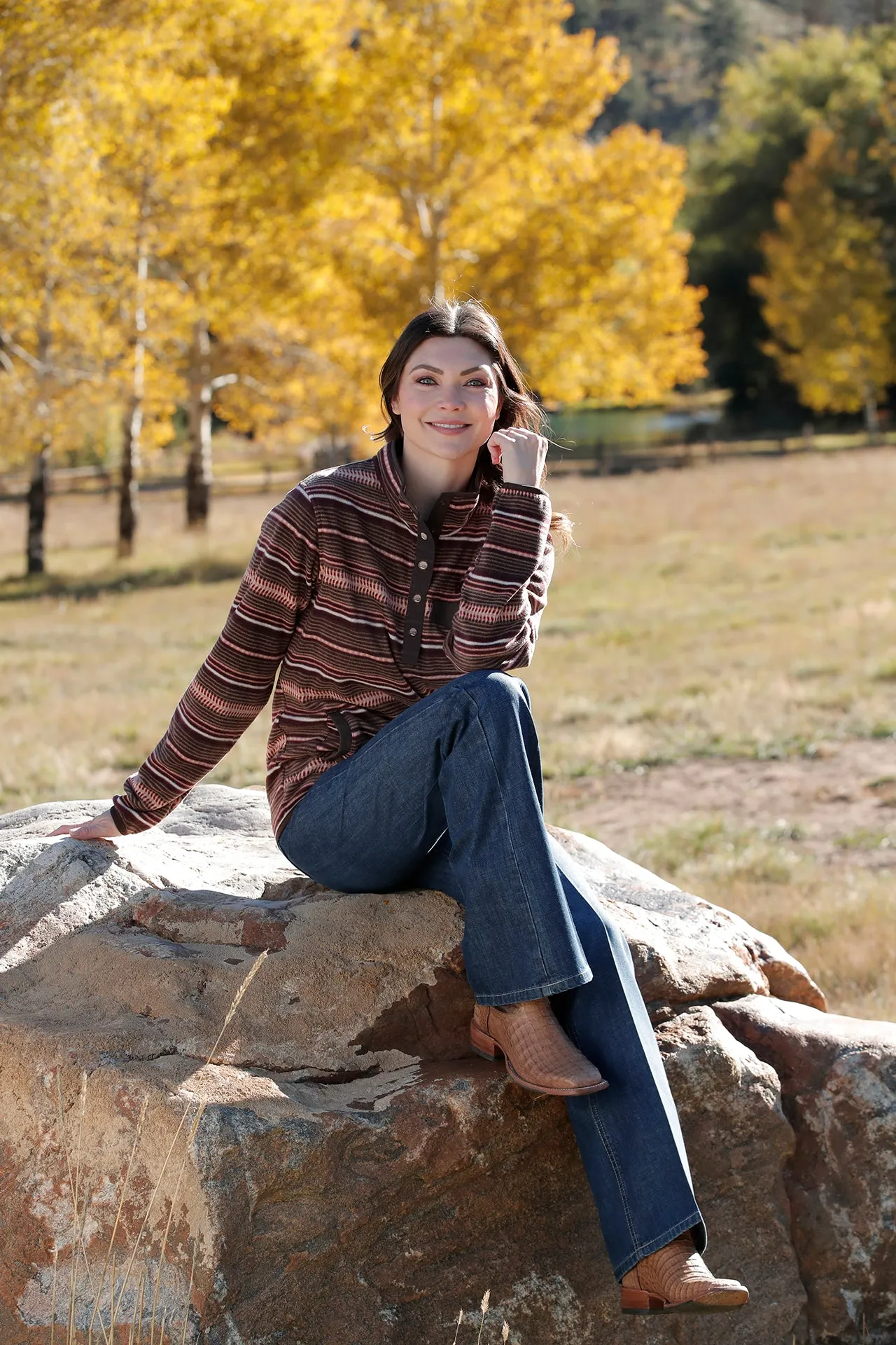 Cinch Women's Brown and Coral Striped Fleece Pullover