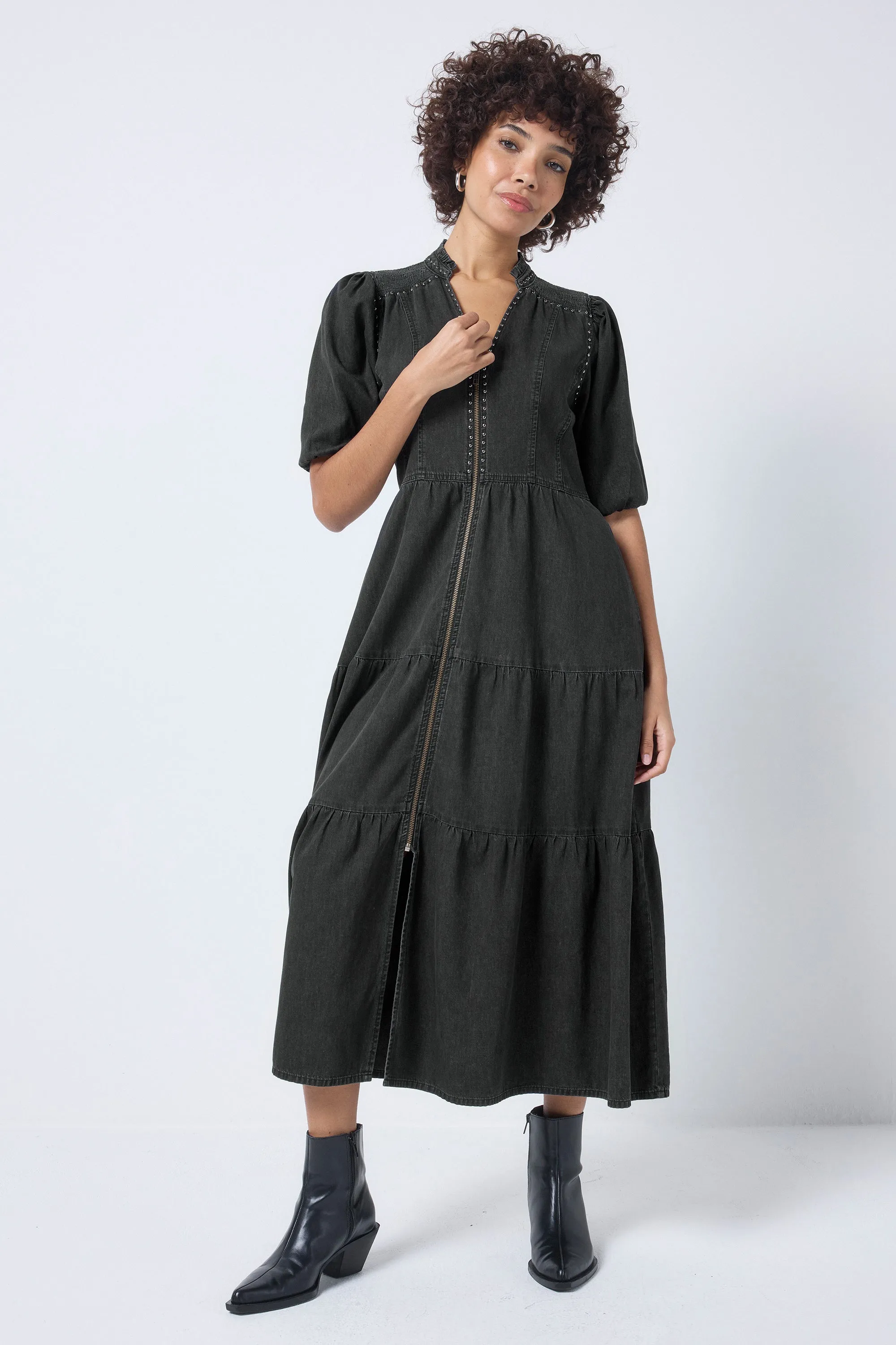 COMING SOON: Washed Black Studded Zip Detail Tiered Midi Denim Dress