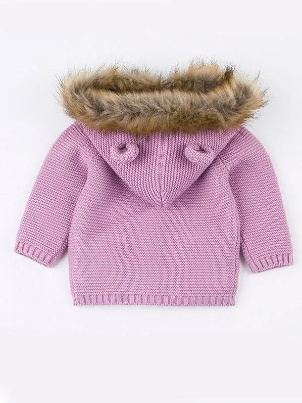 Cute Faux Fur Trimmed Ear Hooded Crochet Coat Winter Outwear