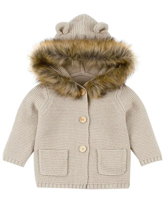 Cute Faux Fur Trimmed Ear Hooded Crochet Coat Winter Outwear