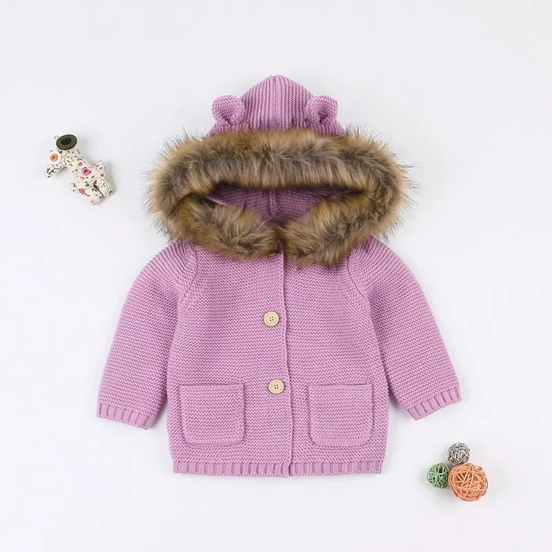 Cute Faux Fur Trimmed Ear Hooded Crochet Coat Winter Outwear