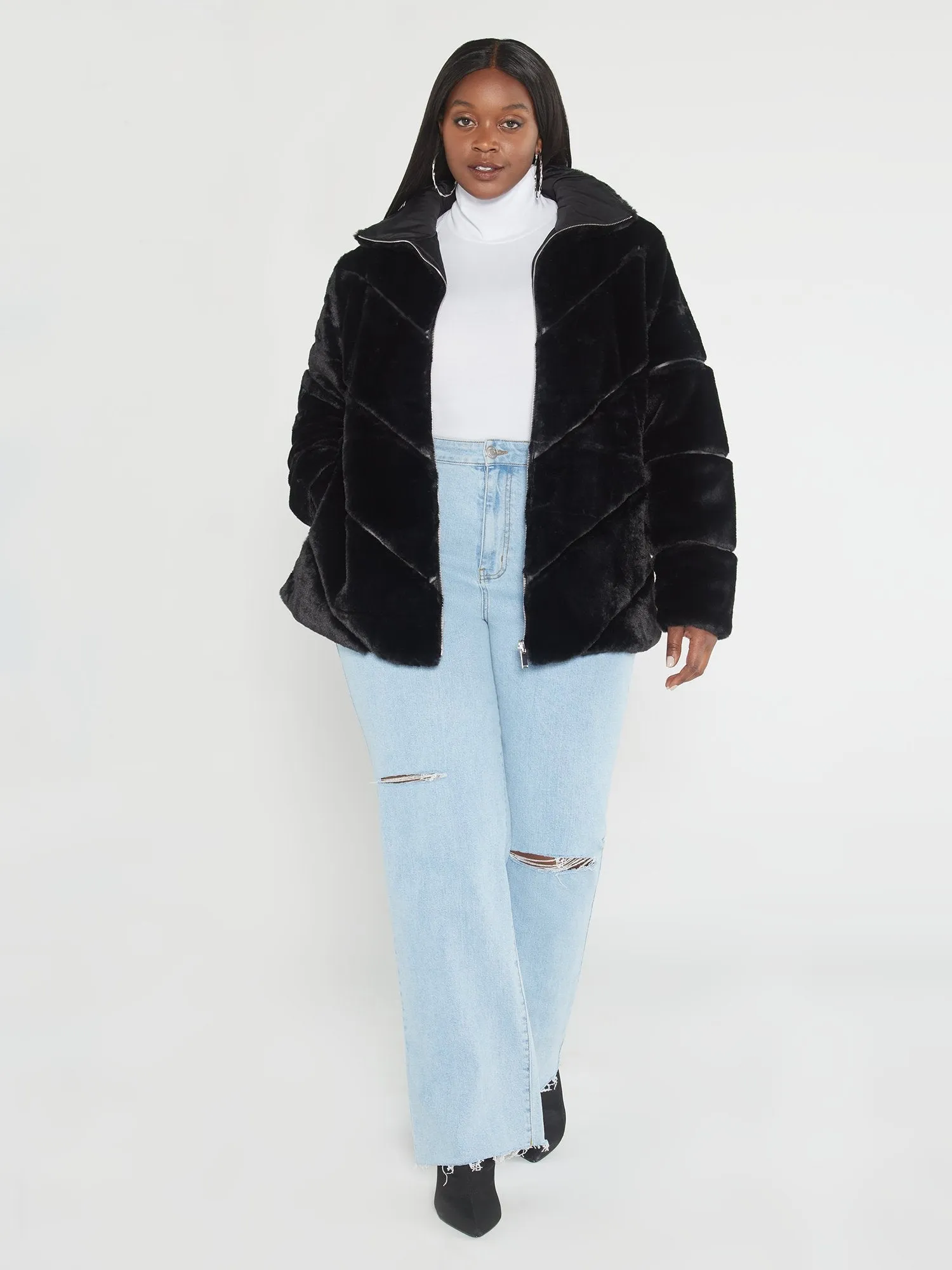 Fashion To Figure - Alayna Chevron Faux Fur Coat