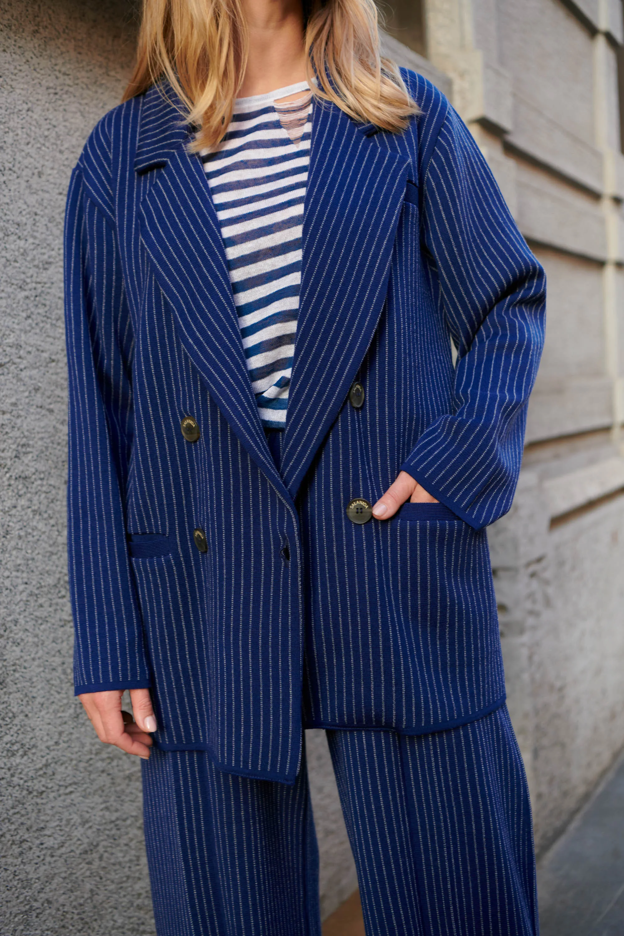 Forza Pinstripe Knitted 100% Merino Blazer Navy