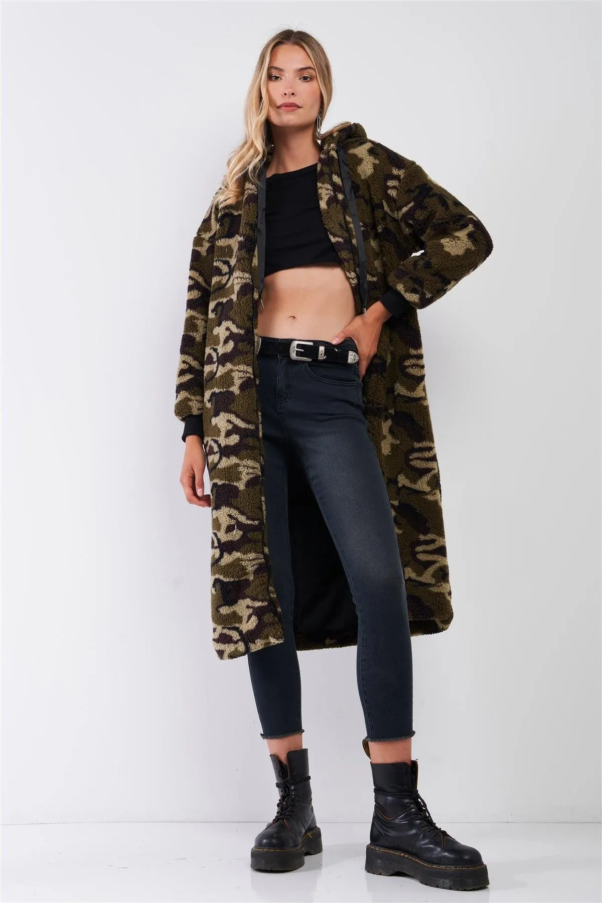 Green Camo Polar Fleece Zip-Up Front Fuzzy Midi Coat Jacket /1-2-2