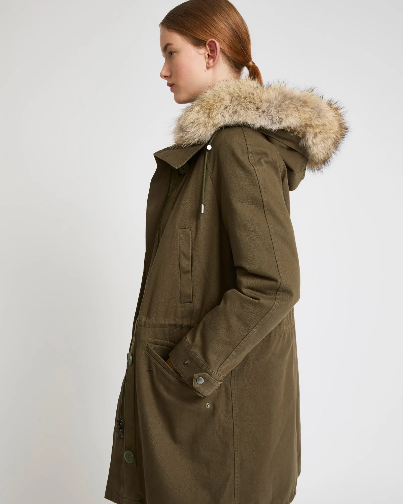 Long cotton gabardine parka with coyote and rabbit fur