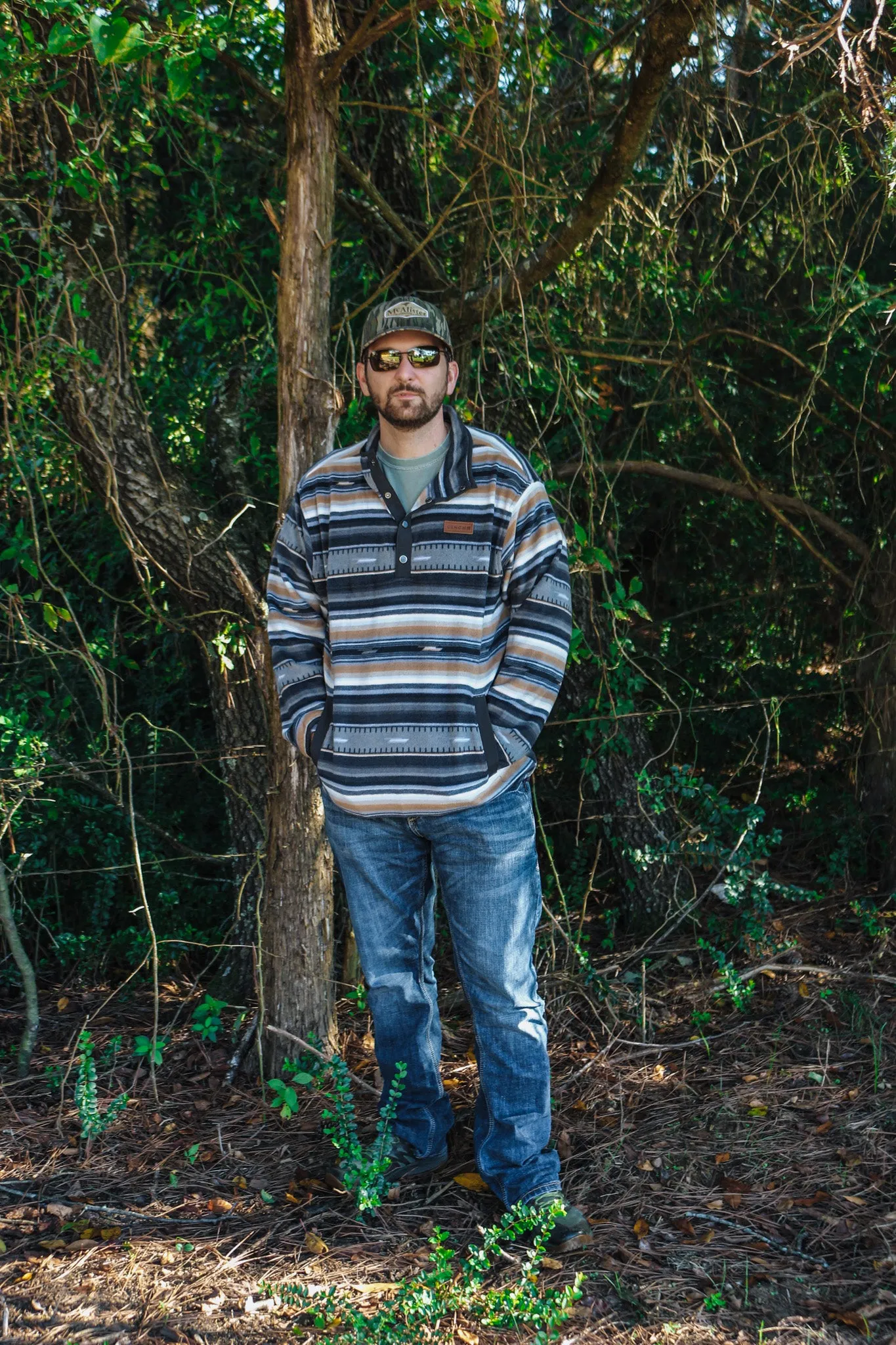 Men's Black Blue Striped Fleece Pullover