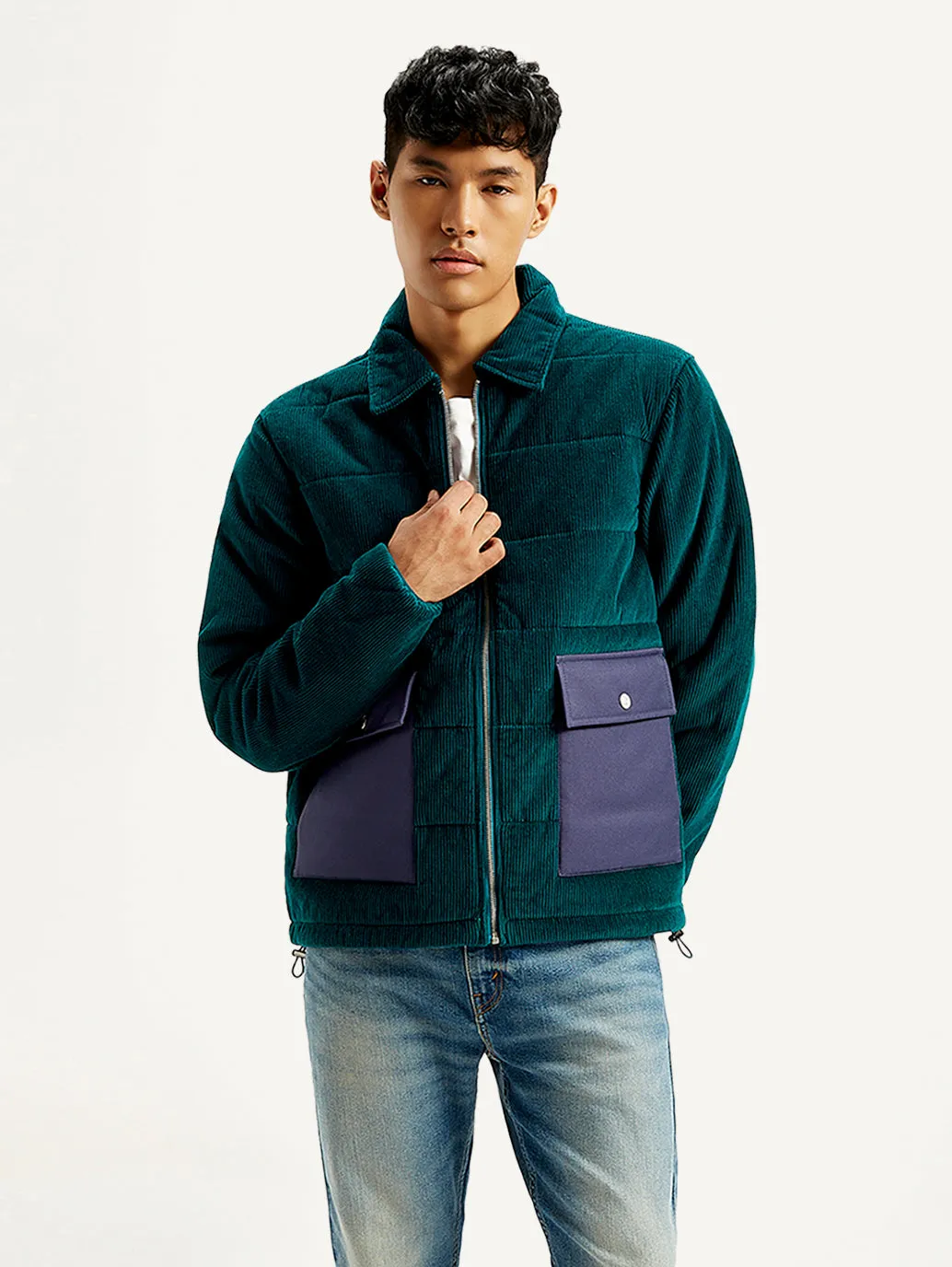 Men's Colorblock Green Spread Collar Jacket