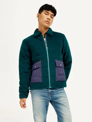 Men's Colorblock Green Spread Collar Jacket