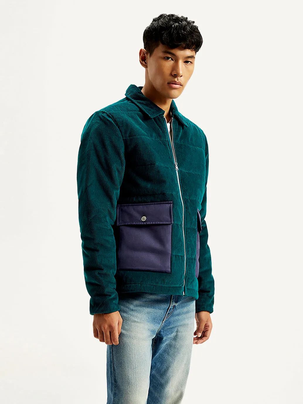 Men's Colorblock Green Spread Collar Jacket