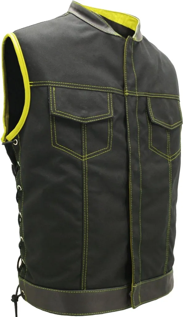 Mens Made in USA Black And Yellow Military Grade Cordura Motorcycle Vest Hidden Snaps