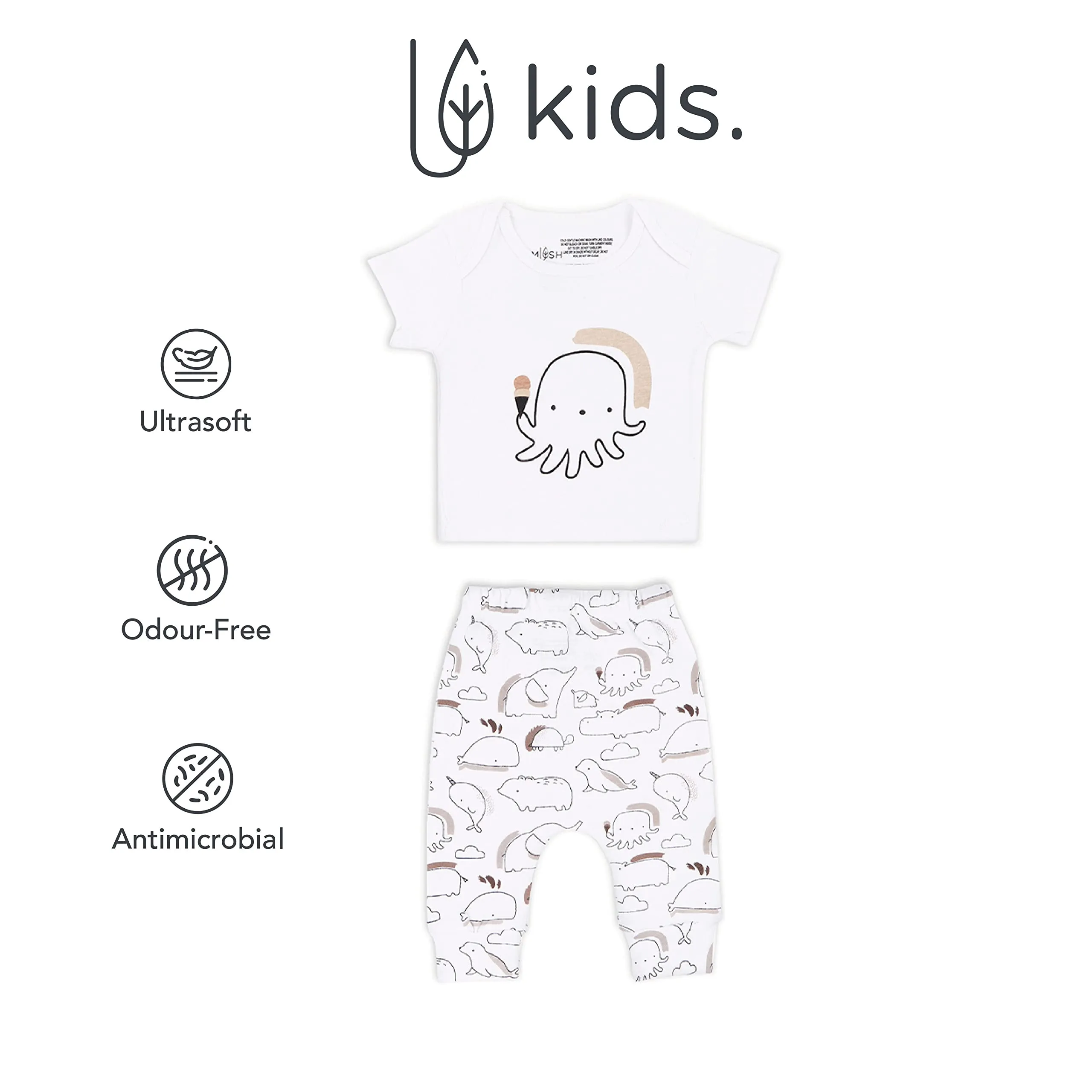 Mush Ultra Soft Bamboo Unisex Tees & Pants Combo Set for New Born Baby/Kids,Pack of 2 (0-3 Months, Marine Life)