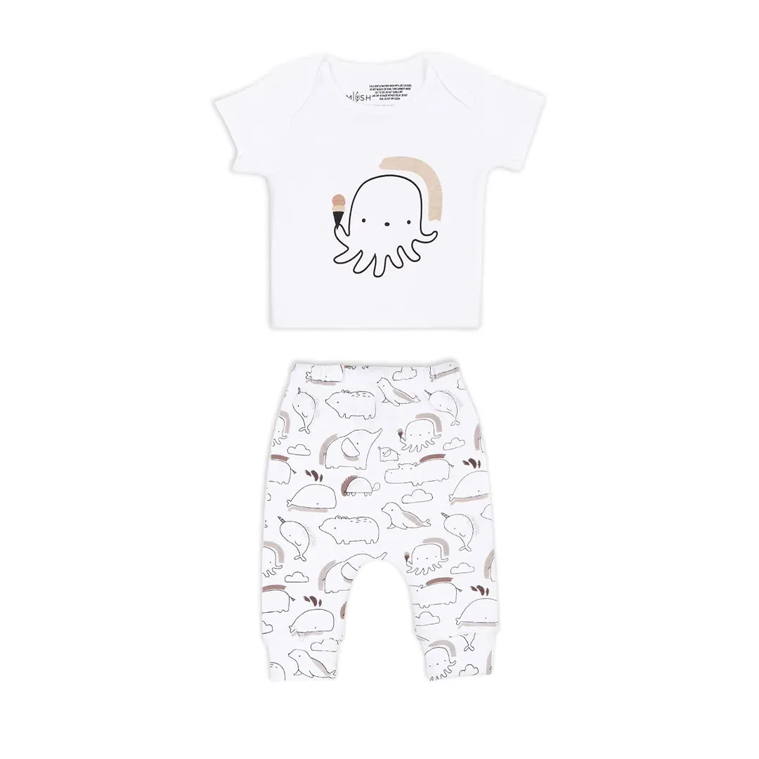 Mush Ultra Soft Bamboo Unisex Tees & Pants Combo Set for New Born Baby/Kids,Pack of 2 (0-3 Months, Marine Life)