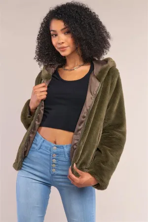 Olive Soft Faux Fur Hooded Zip-Up Jacket /4-2