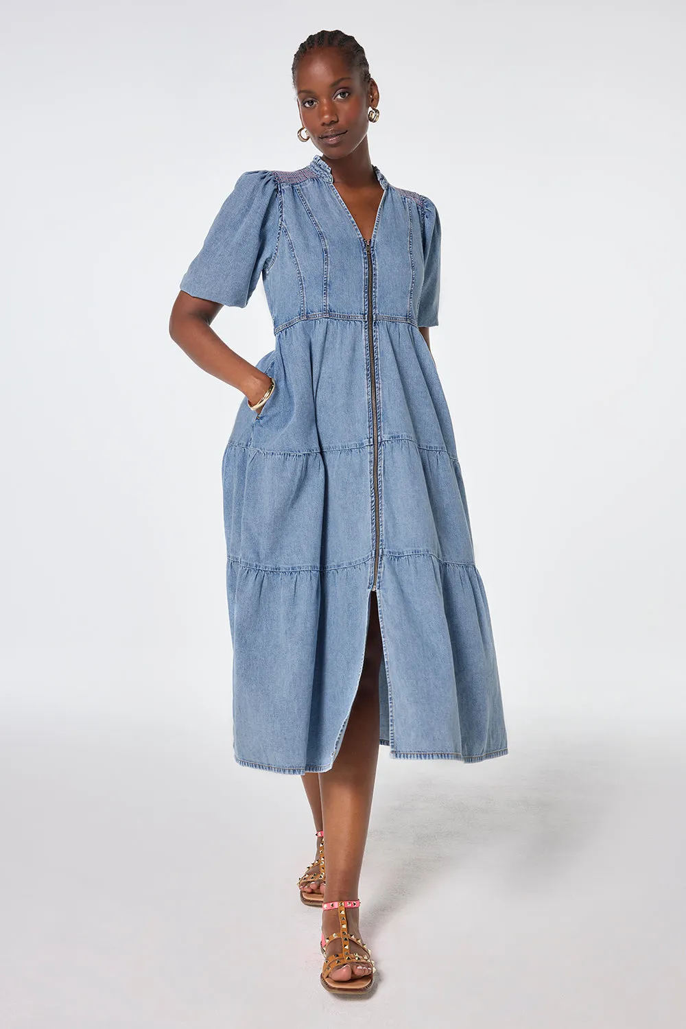 Pale Indigo Zip Detail Tiered Midi Denim Dress