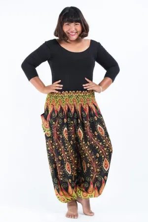 Plus Size Unisex Peacock Paisley Harem Pants in Black