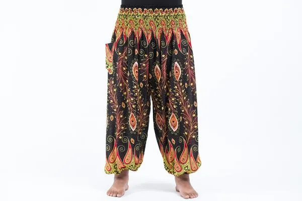 Plus Size Unisex Peacock Paisley Harem Pants in Black