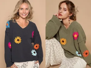 POL Oversize v-neck flower patches solid sweater - Olive or Charcoal Multi