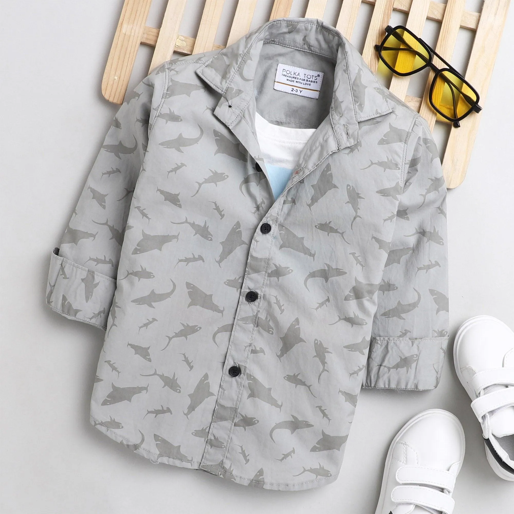 Polka Tots Cotton Full Sleeves Dolphin Print Shirt With Attached Tshirt - Grey