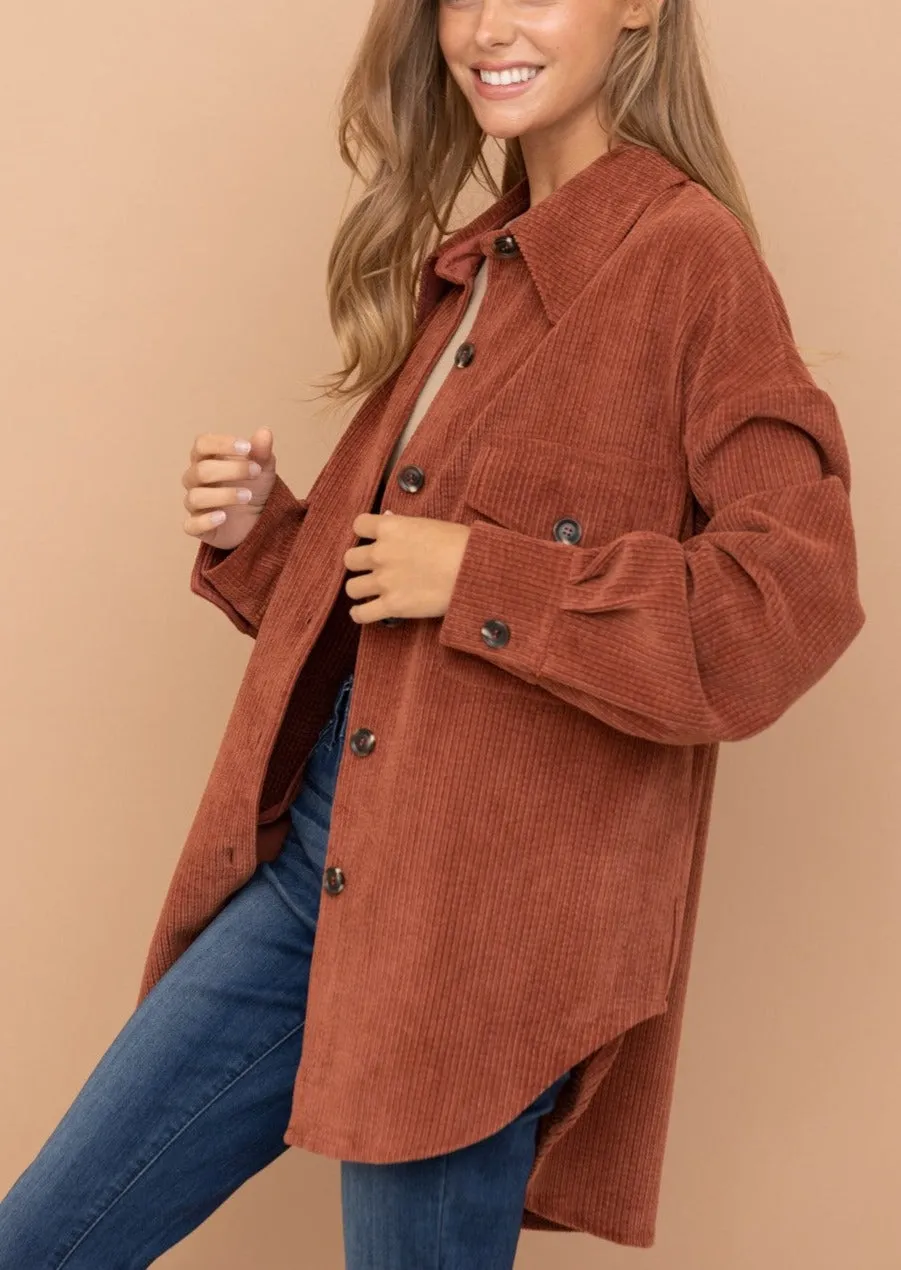 Soft and Cozy Corduroy Shirt Jacket in Rust