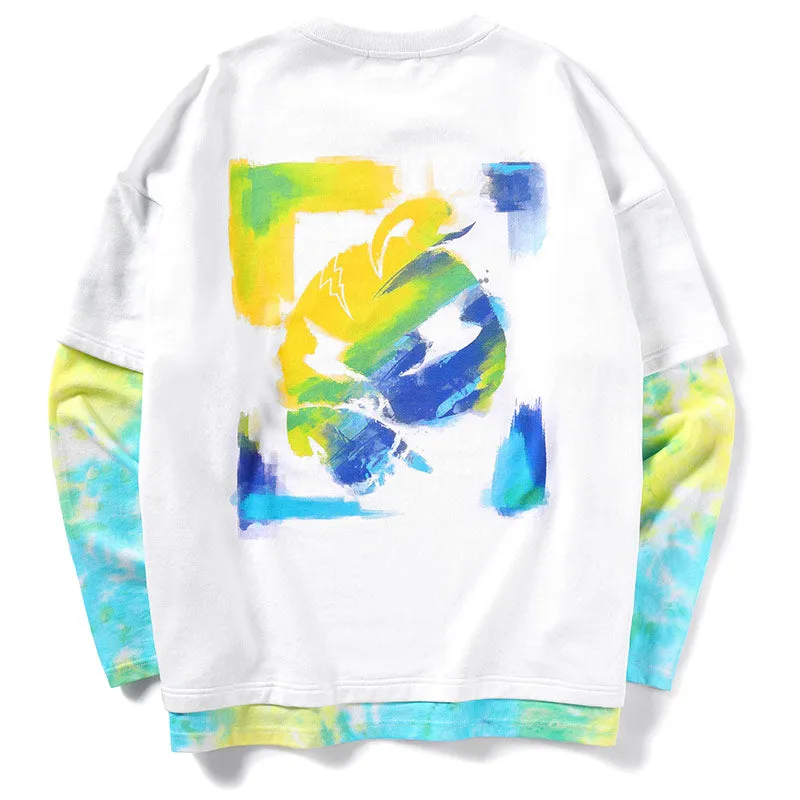 Stylish Tie Dye Print Tiered Patchwork Sweatshirt