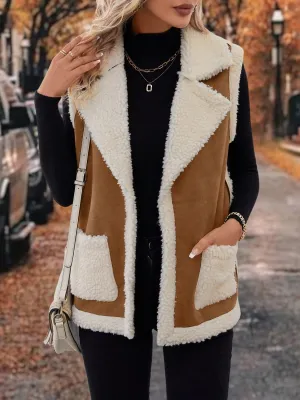 Tan Contrast Open Front Sherpa Vest Coat | Sweater Weather | Cozy Season