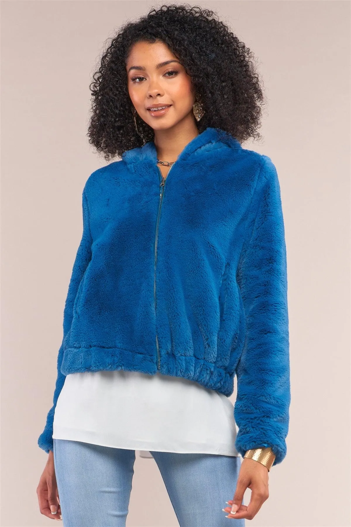 Teal Soft Faux Fur Hooded Zip-Up Jacket /4-2