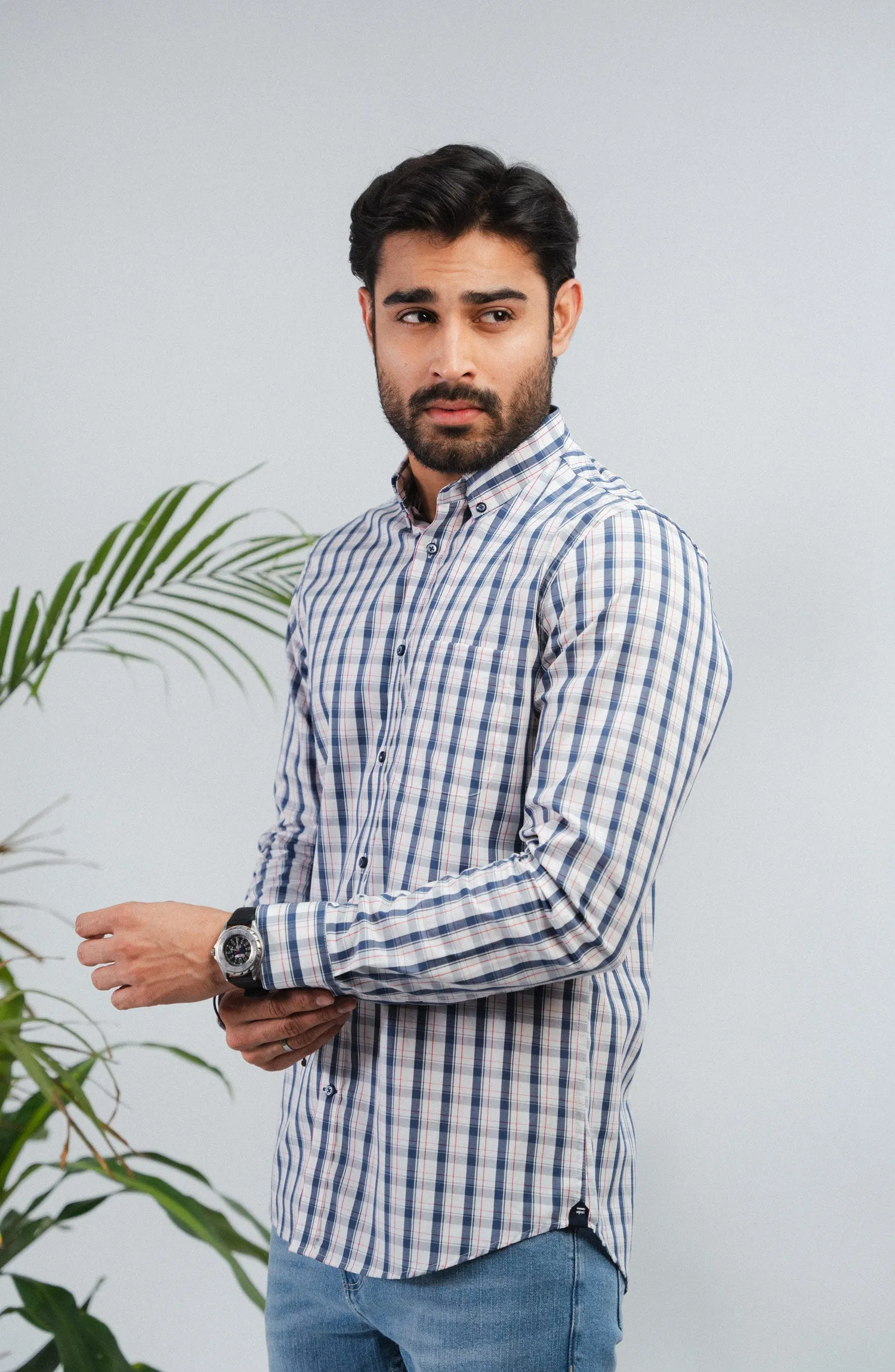 White/Navy Full Sleeves Cotton Shirt