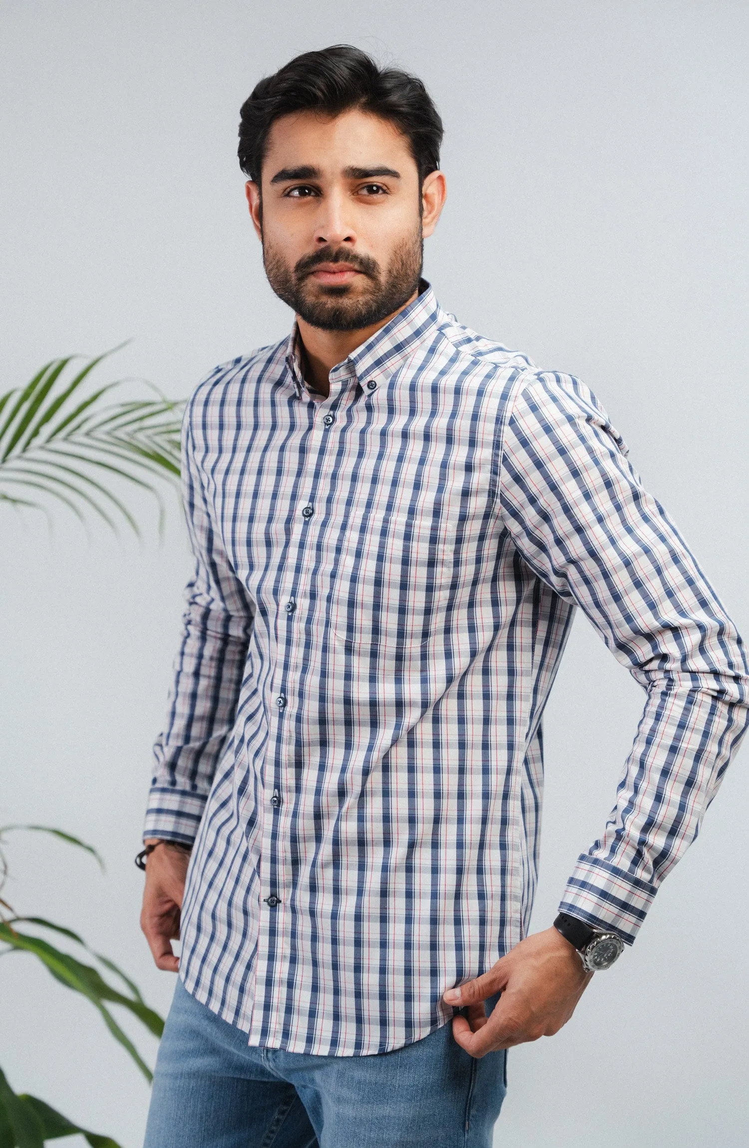 White/Navy Full Sleeves Cotton Shirt