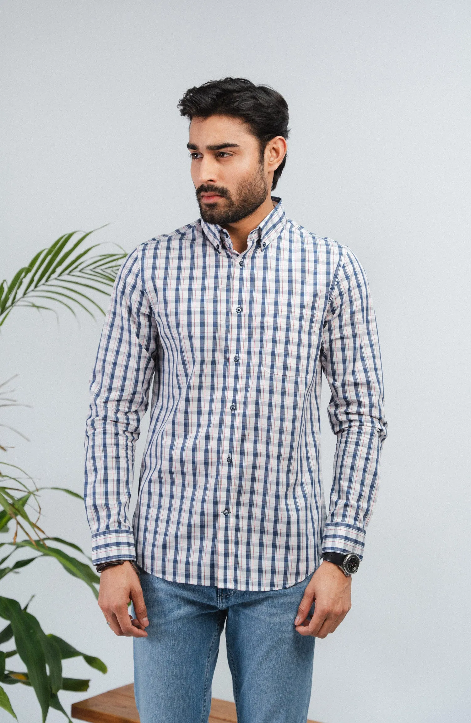 White/Navy Full Sleeves Cotton Shirt